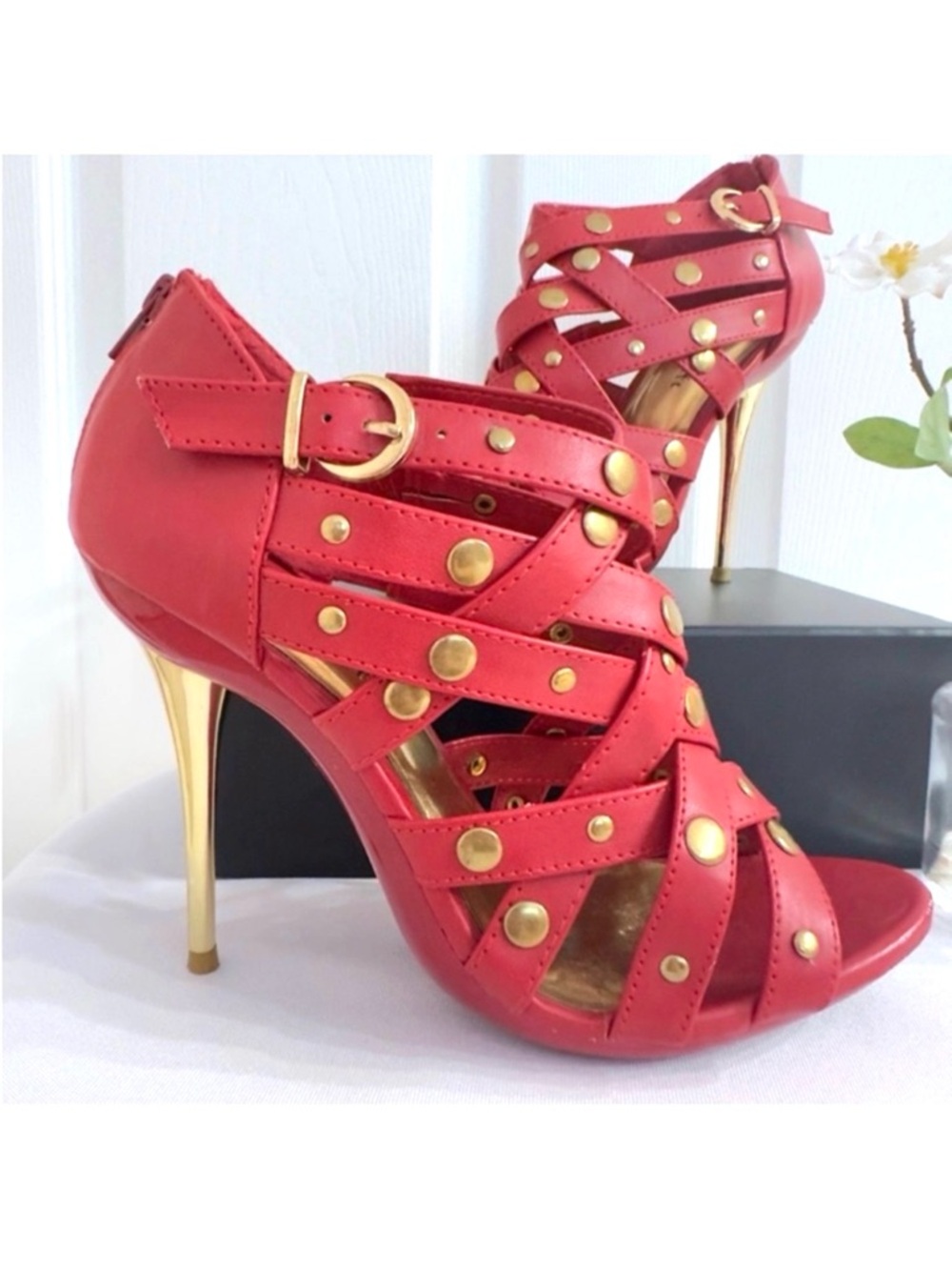 FAHRENHEIT ~ Red Strappy 5” Heeled Slip-On-Zip-Up Sandals with Gold Accents